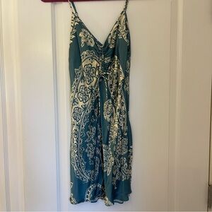 Zara Teal and Beige Patterned Mini Dress